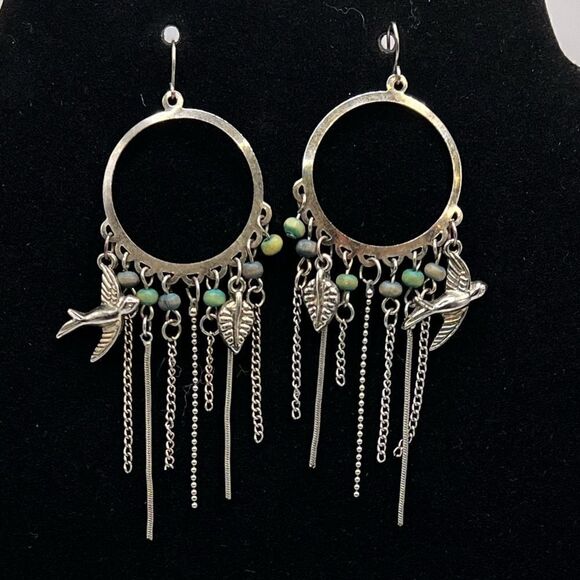 *3/$20* Detailed silver tone hoop earrings with bird leaf and bead accents - Picture 1 of 2